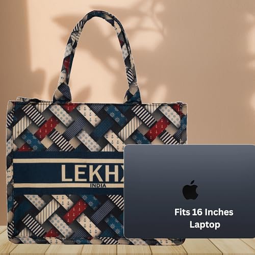 Image of LX LEKHX Designer Tote Bag for Women | Premium Laminated Jute Canvas Handbag with Geometric Print | Stylish Spacious Office, College, Travel & Laptop Bag (Fits 16 Inch)