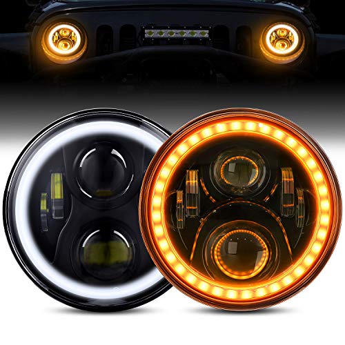 LED Headlights with Halo BEEYEO 7 Inch LED Headlights 60W Round Headlamp with Daytime Running Light DRL Turn Signal High Low Beam for Wrangler JK TJ LJ CJ with H4 H13 Adapter, 2PCS