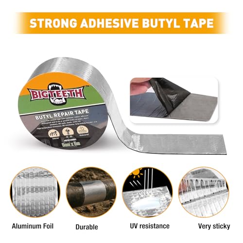 Image of BIGTEETH Aluminum Butyl Waterproof Tape 2 inch x 16 feet | Aluminum Foil Repair Tape for Pipes, Doors, Windows, RV Roofs, Boats, Vents, etc