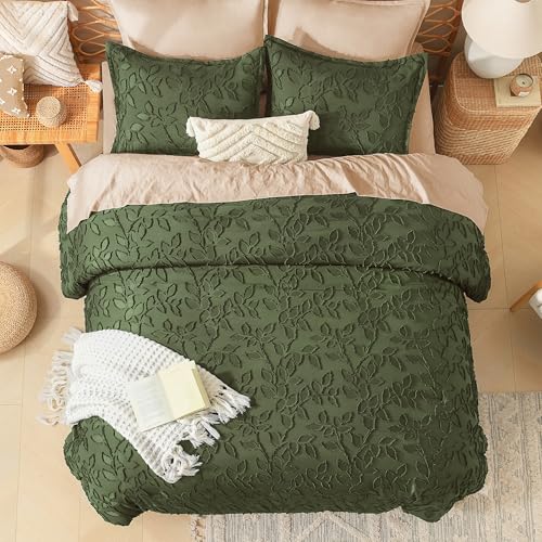 Image of Litanika Queen Size Comforter Set Olive, 3 Piece Cream Boho Tufted Bedding, Fluffy Farmhouse Bed Set for All Season with 2 Leaf Pattern Pillowcases(90x90In)