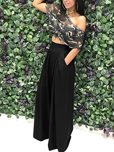 Famnbro Women's Solid Color Palazzo Pants High Waisted Long Wide Leg Trousers with Pockets Plus Size2