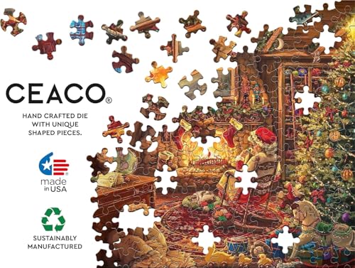 Ceaco - Puzzle Thomas Kinkade Santa Checking His de 300 piezas para adultos, arte de Thomas Kinkade, tamaño terminado 26.6 x 8 x 2.25 pulgadas, hecho en USA, cartón reciclado, incluye póster miniatura 5
