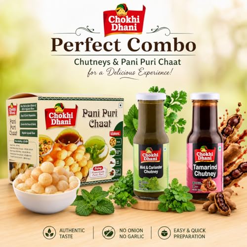Image of Chokhi Dhani Pani Puri Chaat Kit with Mint & Coriander Chutney (210g) & Tamarind Chutney (250g) | Crispy Flat Puris, Pudina Pani & Imli Chutney | No Onion No Garlic