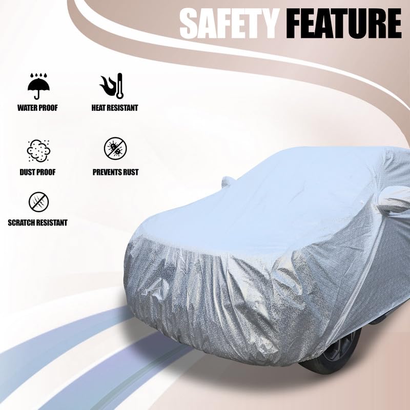 Image of Silver Check Waterproof Car Body Cover Heat and Dust Resistant Heavy Buckle Mirror Pockets Car Accessories Essentials for (Silver Check, for Volkswagon Vento)