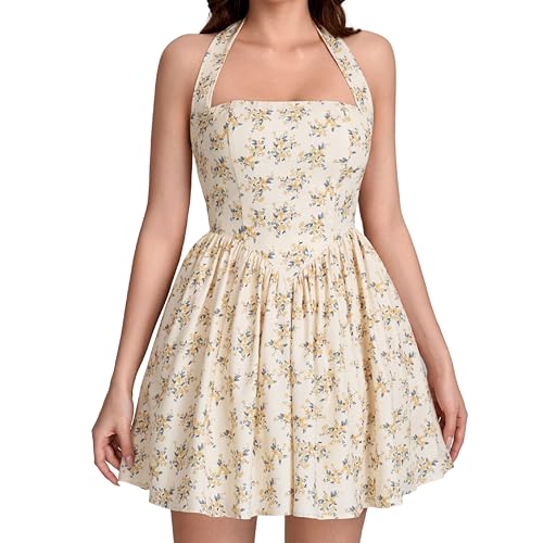 Image of Parthea Women's Floral Halter Mini Corset Dress Sleeveless A Line Flowy Cute Party Graduation Dress
