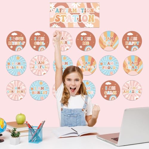 Image of Naozinebi Hippie Affirmation Station Bulletin Board Set Groovy Positive Bulletin Board for Classroom Mirror Growth Mindset Decors Inspirational Motivational Accent Cutout for Home School Wall Supply