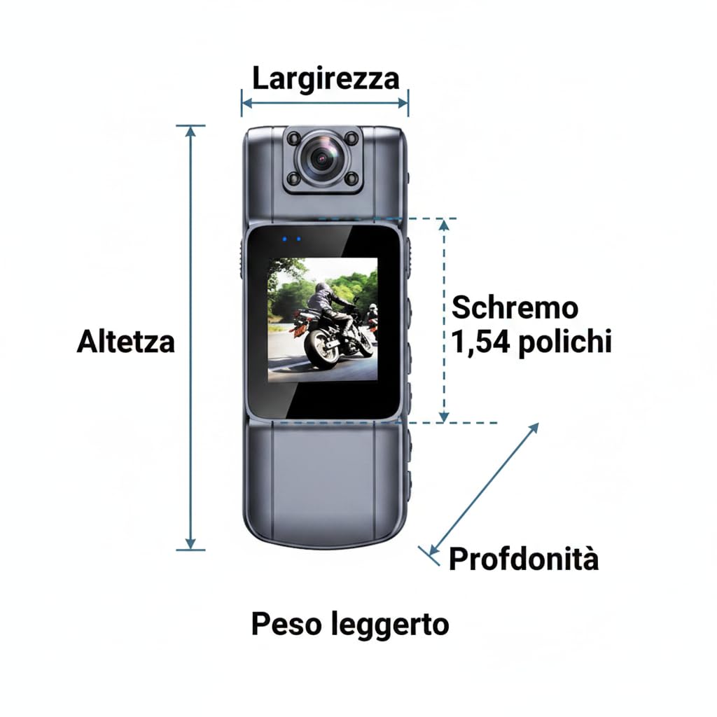 Telecamera wireless per il corpo, videocamera da casco per moto, Smart Camera HD 1080P con obiettivo rotante a 180°, registratore esterno wireless per ciclismo e motociclismo, schermo da 1,54 pollici