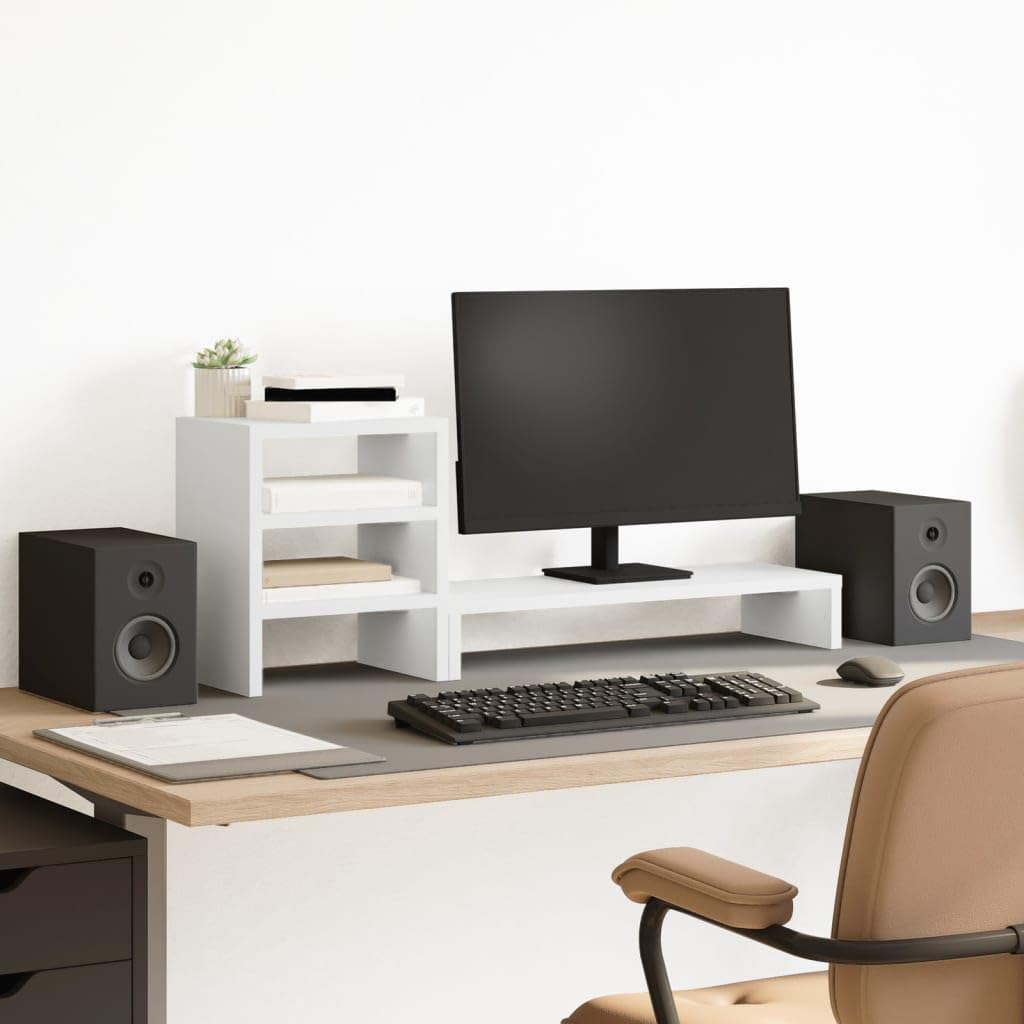 Supporto per monitor in legno bianco con organizer da scrivania, 80 x 20 x 30 cm, portata 35 kg, per scrivania del computer, scrivania, home office, ergonomico e facile da pulire