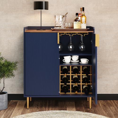 HOLTICO Gabinete de bebidas, gabinete de vino para 9 botellas, armario de bar con soportes de vidrio, estante de vino independiente, aparador, mesa de bar, buffet para sala de estar y comedor, color