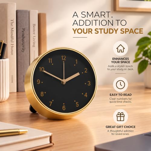 Image of Kuber Industries 6.25 Inch Analog Table Clock with Glass Cover | Silent Non Ticking Battery Operated Desktop for Bedroom, Office, Study Desk | Golden Black