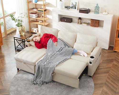 DURASPACE Sofa Bed Sleeper Pull Out 2 in 1 Sectional Sleeper Sofa Couches with Storage,USB, Cup Holder,Pullout Sectional Couches for Apartment Living Room (Beige)