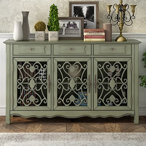 Retro Style Sideboard Console Table, Free Standing Kitchen Storage Sideboard Dining Buffet Server Cabinet, 59.8'' Console Table Sofa Table 3 Drawers, 3 Cabinets And Adjustable Shelves (Green + Mdf) #TOP16
