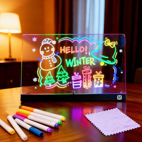 Led Zeichenbrett 30x20cm Leuchtendes Zeichenbrett mit 7 Farben & Ein/Aus-Schalter Acryl Notiztafel Led Maltafel Drawing Board LED Memoboard Kreatives Geschenk Spielzeug für Kinder/Mädchen/Teenager