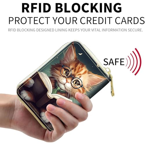 Credit Card Holder for Women Ladies Girls, Small RFID Blocking Wallet Zipper Wallet,Cute Leather Card Wallet Purse with 20 Slots Credit Card-Reading Cat3