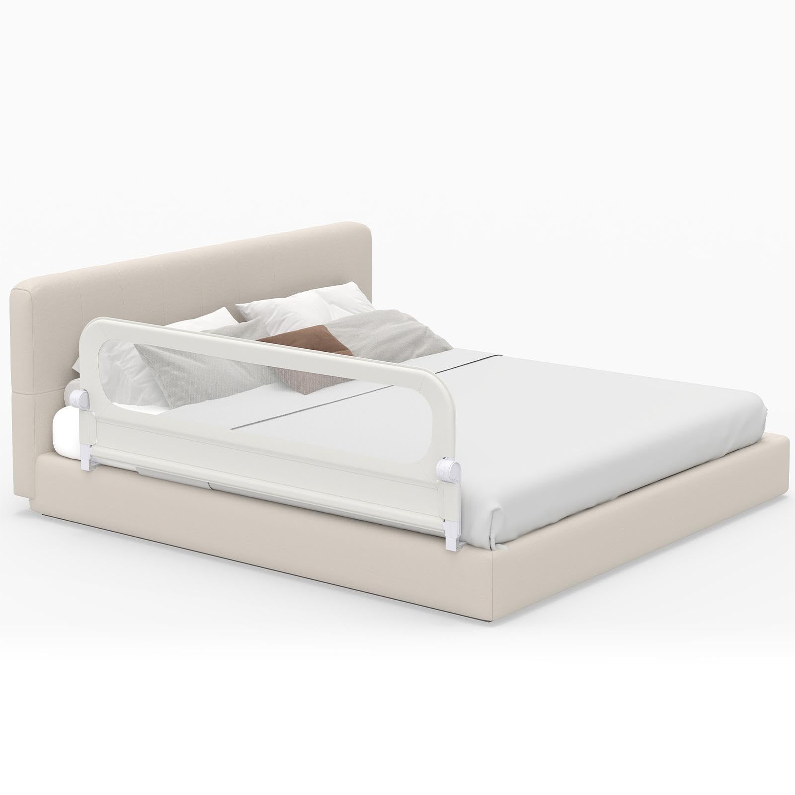 RELAX4LIFE Barrière de Lit Rabattable 180 cm, Barriere de Securite Enfant Lit, Double Verrouillage, Maille Respirante, Base Métallique, Protection Anti-Chute, pour Matelas 10-28 cm d'Épaisseur (Blanc)