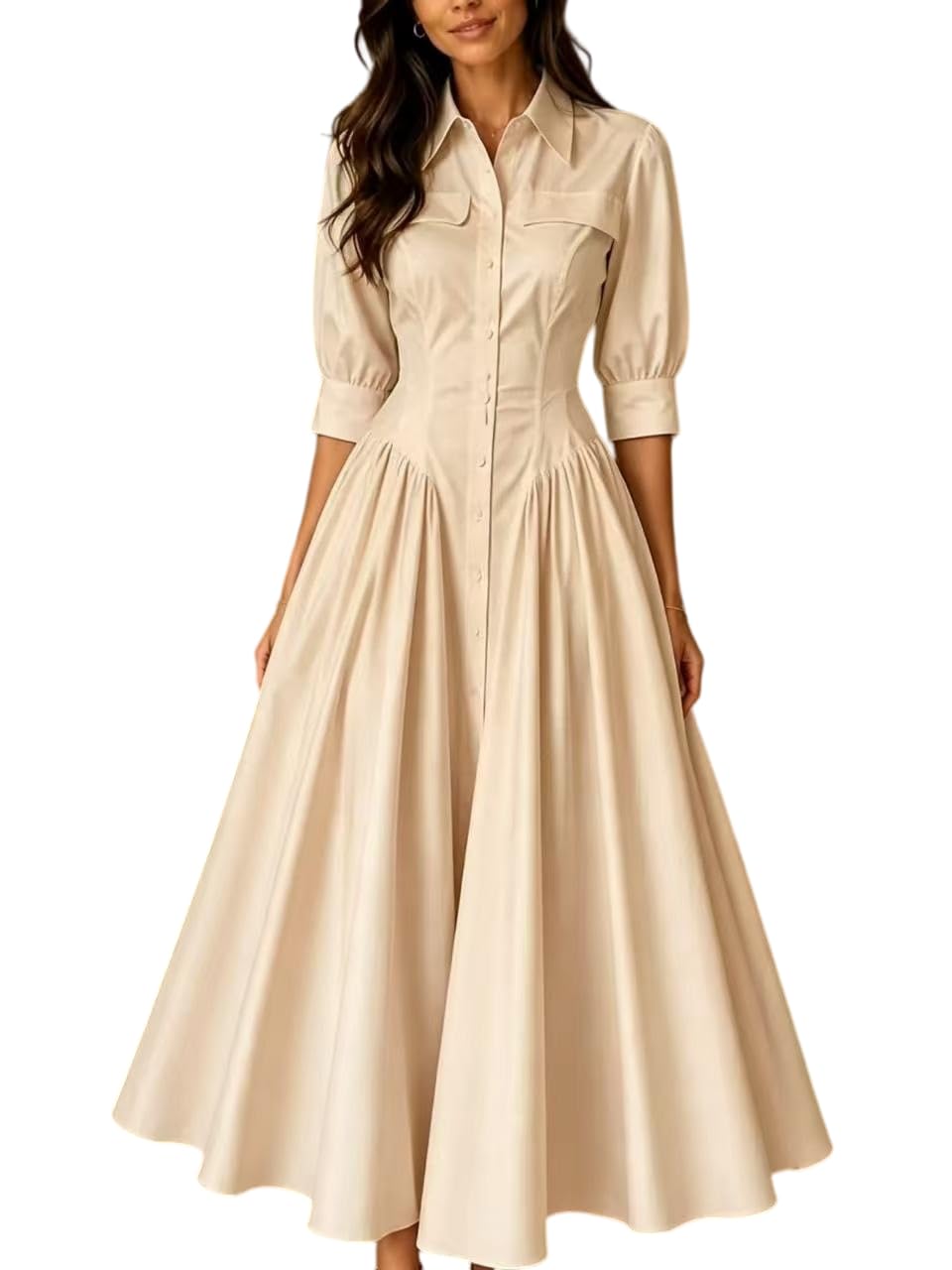 Vestido Mujer Vestido Camisero Largo De Algodón Y Lino para Mujer Elegante De Manga Tres Cuartos con Botones Cuello Y Cintura Fruncida Vestido Largo Holgado De Corte A Estilo Swing Ideal