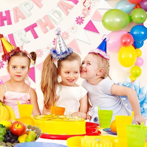 Image of CANREVEL Pre-Strung 3D Happy Birthday Banner, 3 PCS Happy Birthday Felt Garland, Pom Pom Garland, Triangle Fabric Garland Bunting, Reusable Birthday Decorations for Women Men Girls Boys, Pink Flower