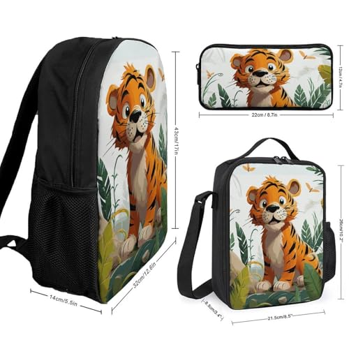3 Piece Backpack for Women Men Lightweight Causal Daypack Shoulder Bag Set with Insulated Lunch Bag And Pencil Case Organizers Cartoon Tiger2