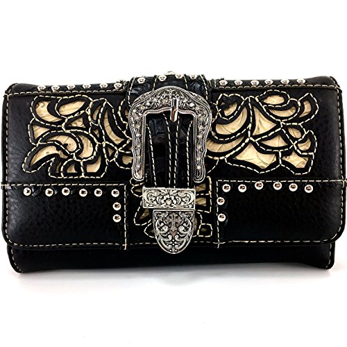 Justin West Silver Rhinestone Buckle Studded Tooled Leather Laser Cut Wristlet Trifold Wallet Attachable Long Strap