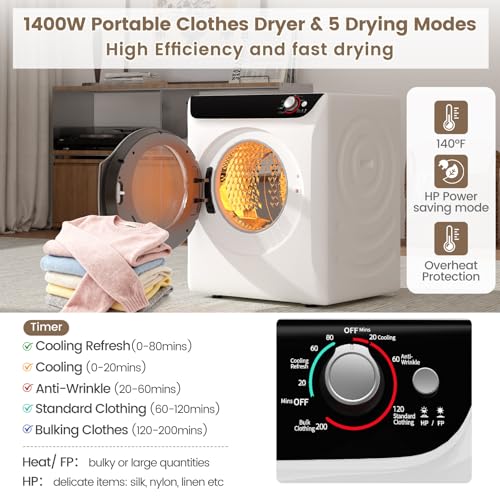Image of VCJ 2.6 cu.ft Portable Dryer, 1400W Electric Clothes Dryer with 5 Drying Modes & Stainless Steel Tub, Front Load Compact Dryer for Home, Apartment, Dorms