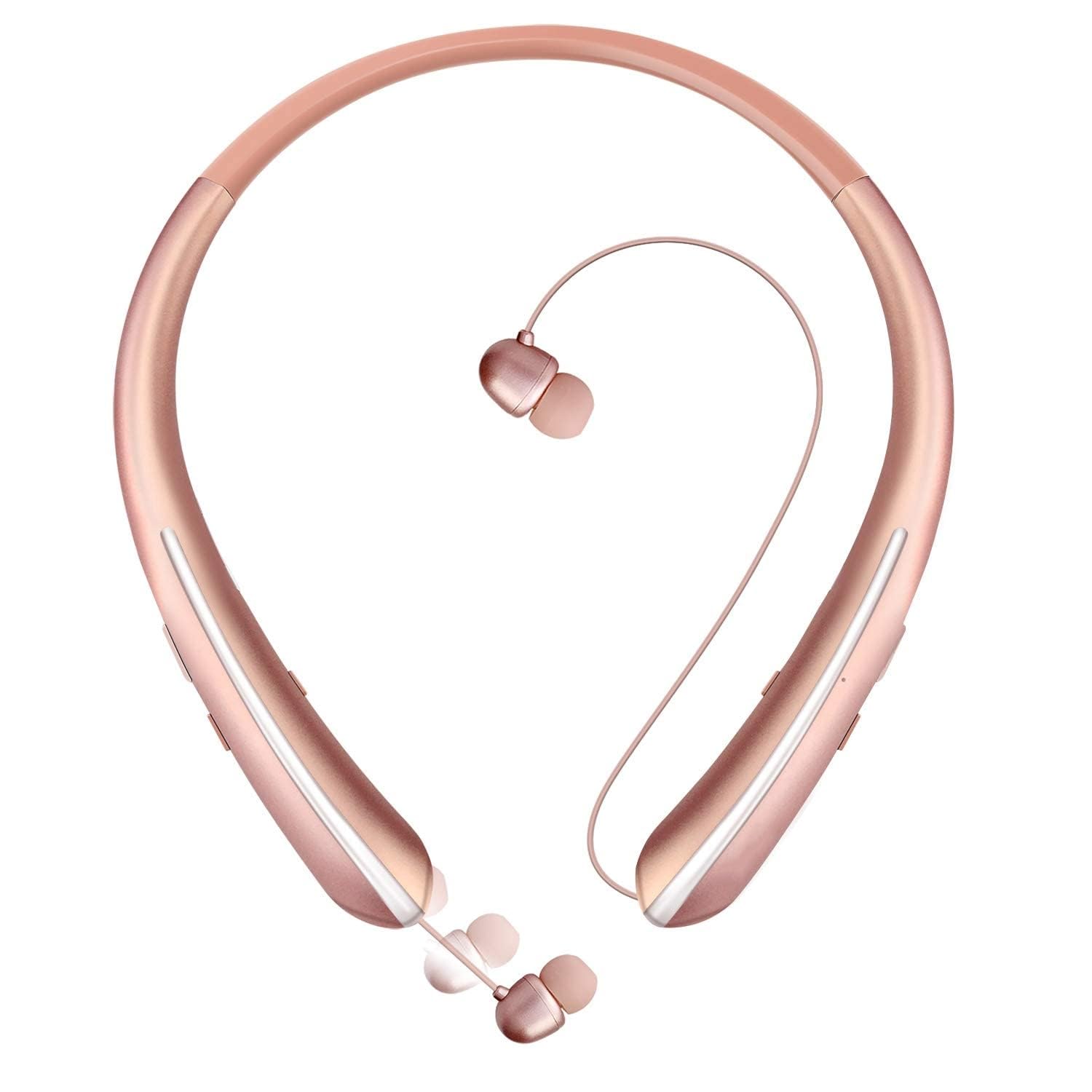 NALACAL Neckband Bluetooth Headphones with Retractable Earbuds, Wireless Noise Cancelling Sport Headset 3D Sound Surround Bluetooth Headphones Call Vibrate Alert Earphones with Mic (Rose Gold)