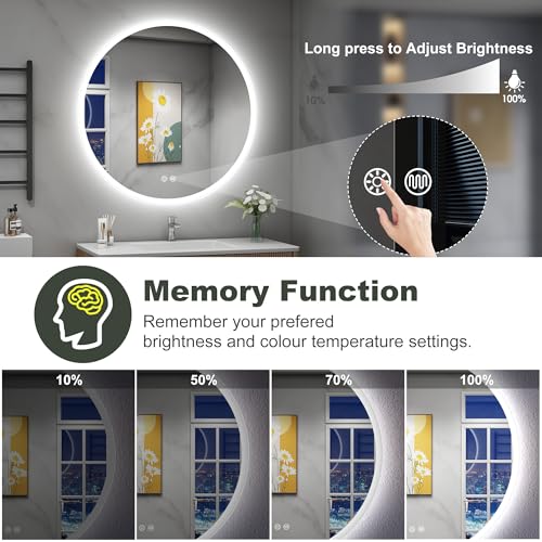 S’bagno Round Bathroom Mirror with LED Lights 600mm, LED Bathroom Mirror Wall Mounted, Anti-Fog, 3000K-6500K, Dimmable, HD Tempered Glass, Memory, IP44 Waterproof - Image 5