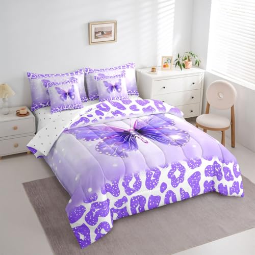 Image of Feelyou Cute Butterfly Full Comforter Set with Sheets for Kids Boys Girls Leopard Print 7 Pieces Bedding Set Butterflies Print Bed in a Bag Glitter Dreamy Princess Soft
