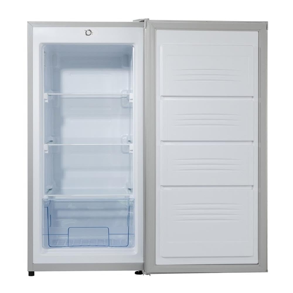 Pemberly Row Compact Upright Freezer, 4.3 Cu Ft, Freestanding Convertible Design, Stainless Steel Finish, Reversible Door, Adjustable Shelves, Garage-Ready, Quiet Operation, Small Space Kitchen or on Fridge.com