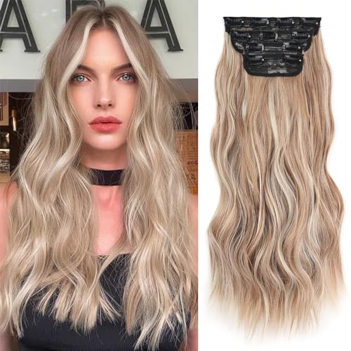 Mscat 16 Inch Blond & Brown Long Wavy Clip in Hair Extensions - 4PCS Full Head Set, Thick Curly Synthetic Hair Pieces (Blond Mixed Brown)