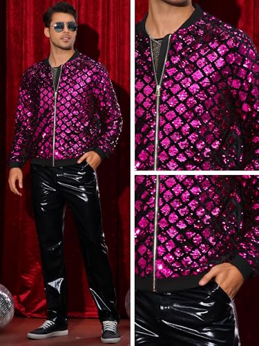 Image of Lars Amadeus Argyle Sequin Bomber Jacket for Men's Party Club Shiny Baseball Varsity Jacket