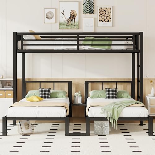 KEIKI Metal Triple Bunk Bed, Heavy Duty Twin XL Over Twin Over Twin Beds Frame w/Guardrails & Ladder, Detachable Kids BunkBed for 3, Girls Boys Teens Bedroom Loft Bed, No Box Spring Needed, Black