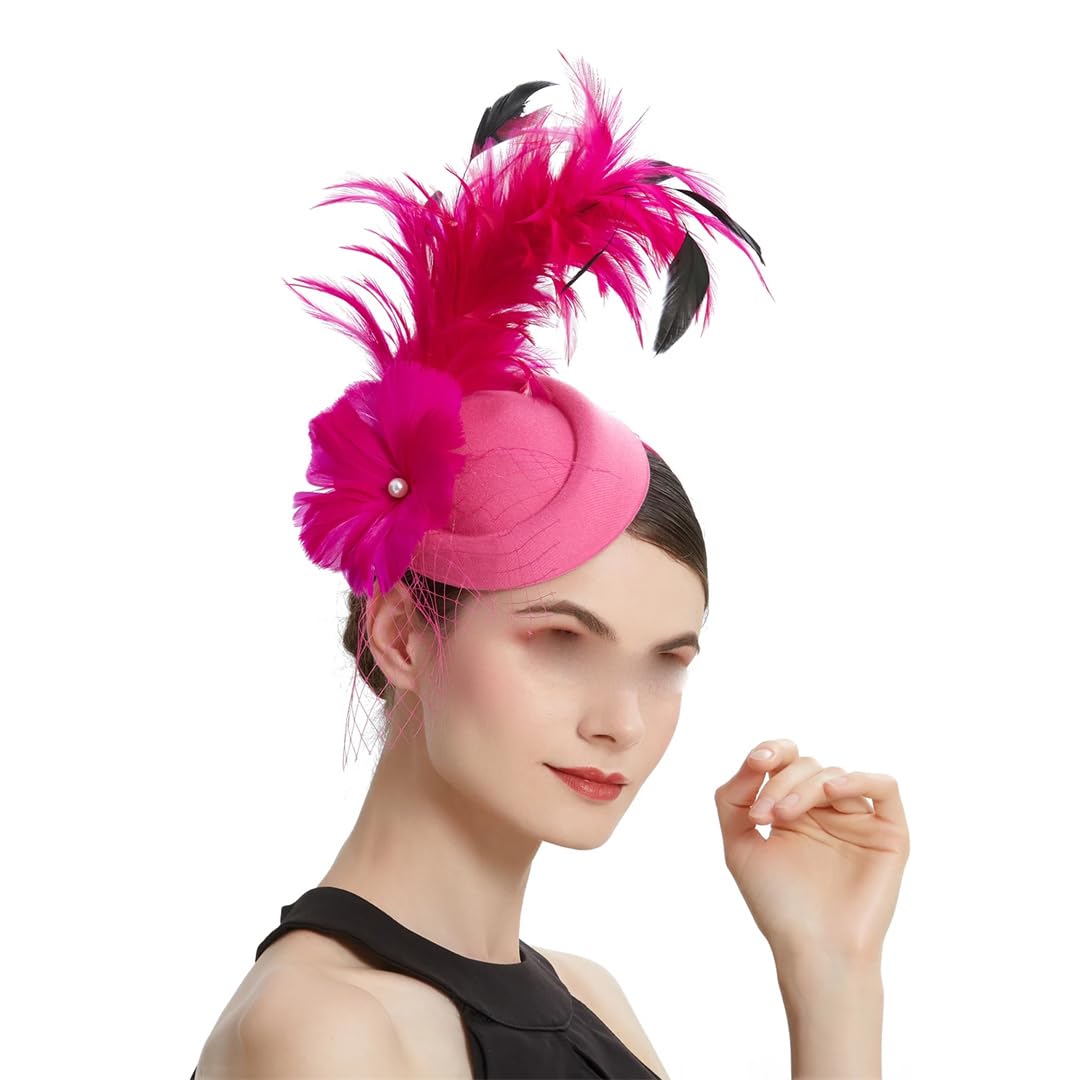 FBHappiness Feather Flower Fascinator Hat With Veil Mesh Bridal Wedding Headband With Clip Tea Party Headwear For Women
