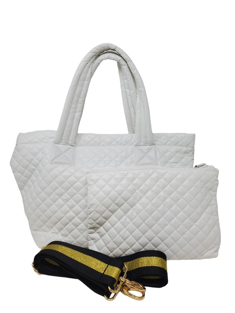 CLARANYWhite Comfortable Light weight Medium size Quilted Tote bag with Pouch and Strap water repellent, White, S
