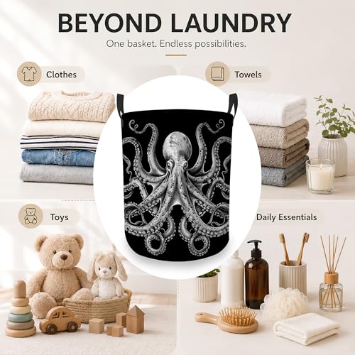 Image of Vintage Octopus Laundry Basket, Foldable Oxford Cloth Ocean Nautical Laundry Hamper with Handles, Tote Bag Clothes Storage Bucket for Laundry Room /Bathroom /Bedroom /Dormitories 20.8 inchx16 inch