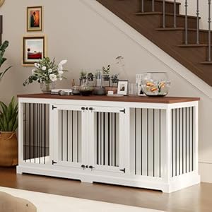 Large Dog Crate Furniture - Indoor Wooden Dog Kennel Furniture with Room Divider and 2 Doors - 71"x23.6"x31.5"H, White Large Dog Crate Furniture Indoor Wooden Dog Kennel Furniture with Room Divider and 2 Doors 71x236x315H White