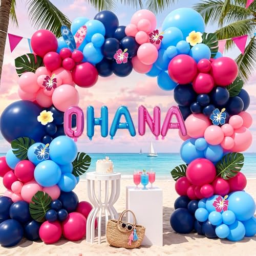 151PCS Pink and Blue Balloons Arch Kit with OHANA Foil Balloons Palm Leaves and Flower Card Royal Blue Hot Pink Tropical Balloon Garland for Hawaiian Summer Tropical Birthday Party Decorations