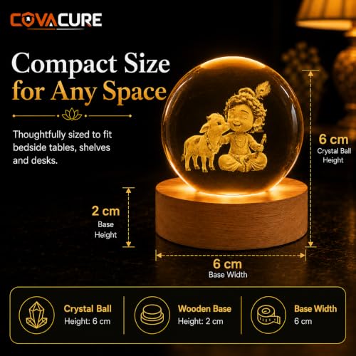 Image of COVACURE 3D Little Krishna Idol Crystal Ball Night Lamp, 2.4 Inch Bal Roop Idol Laddu Gopal Lord Krishna Crystal Ball Night Light for Home & Office Desk Decor, Birthday Gift, Spiritual Showpiece