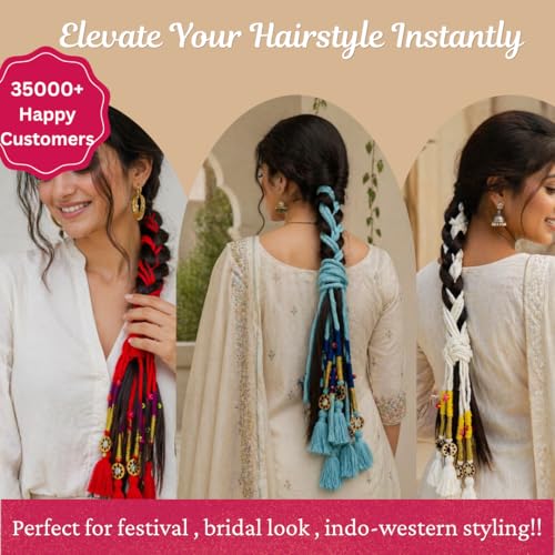 Image of Zippy Flora Neelima Handmade Boho Parandi (Sky Blue) | Traditional Punjabi Cotton Paranda Hair Accessory with Braid Tassels | Women's Ethnic Hair Extension for Choti, Braids & Patiala Shahi Hairstyles