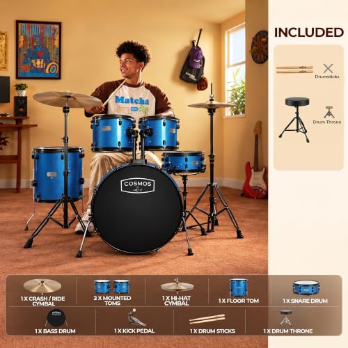 Image of ARCTIC COSMOS 5 Piece Complete Acoustic Drum Kit /Drumset with drumsticks, Cymbals and throne - With Hardware. Best Sounding shells, most durable build. (Blue)