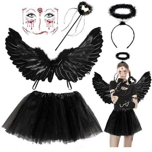 YADODO Deguisement Ange Noir Femme avec Ailes Noires Adulte Tutu Noir Serre Tete Ange Bâton Magique Ailes D'ange Adulte Costume Ange Femme Enfant pour...