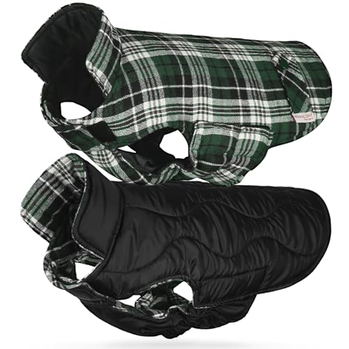 VIVAGLORY Softjoy Hundemantel, Wintermantel mit Bauchschutz, Hundejacke für Winter & Weihnachten, Warm Softshell Kariert Schnittmuster Verstellbar, M, Grün