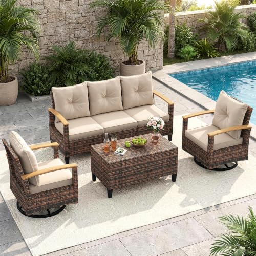Amopatio Patio Furniture Set, 4 Pieces Outdoor Patio Conversation Sets with Swivel Chairs, Wicker Patio Furniture Set with Storage Table, Outdoor Couch Set for Balcony, Porch, Deck, Backyard, Beige