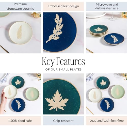 Image of Nestasia Ceramic Round Snack Plate Set of 4 (15cm Each) - Leaf Embossed Small Plates for Serving Snacks & Desserts | Microwave & Dishwasher Safe (Green, Sage Green, Blue & White)