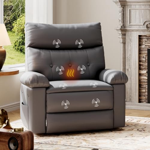 Image of GarveeHome Leather Recliner Chair - Heat and Massage, Swivel Rocker Manual Recliner for Adults, Lazy Rocking Chair with Comfort Arms and Back Single Sofa for Living Room