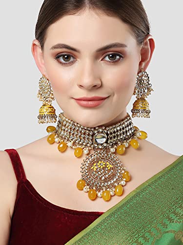 Image of Karatcart Gold Plated Pearl and Drop Kundan Studded Choker Necklace Setfor Women