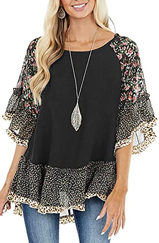 CASURESS Women's Floral Printed Ruffle 3 4 Sleeve Shirt Batwing Loose Tops Blouses Pullover