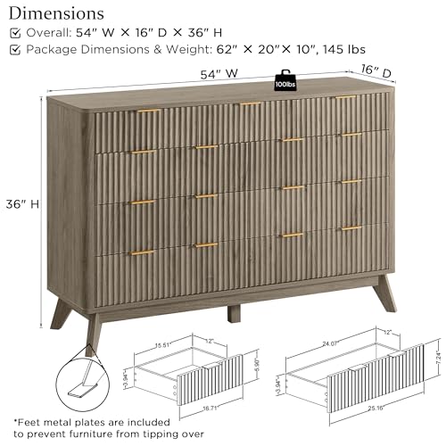 Image of T4TREAM 54 inch Wide Fluted 9 Drawer Dresser for Bedroom, Grey Alder | Mid Century Modern, Curved Profile, Metal Handles, Anti-tip Kit, Smooth Slides, for Living Room, Hallway
