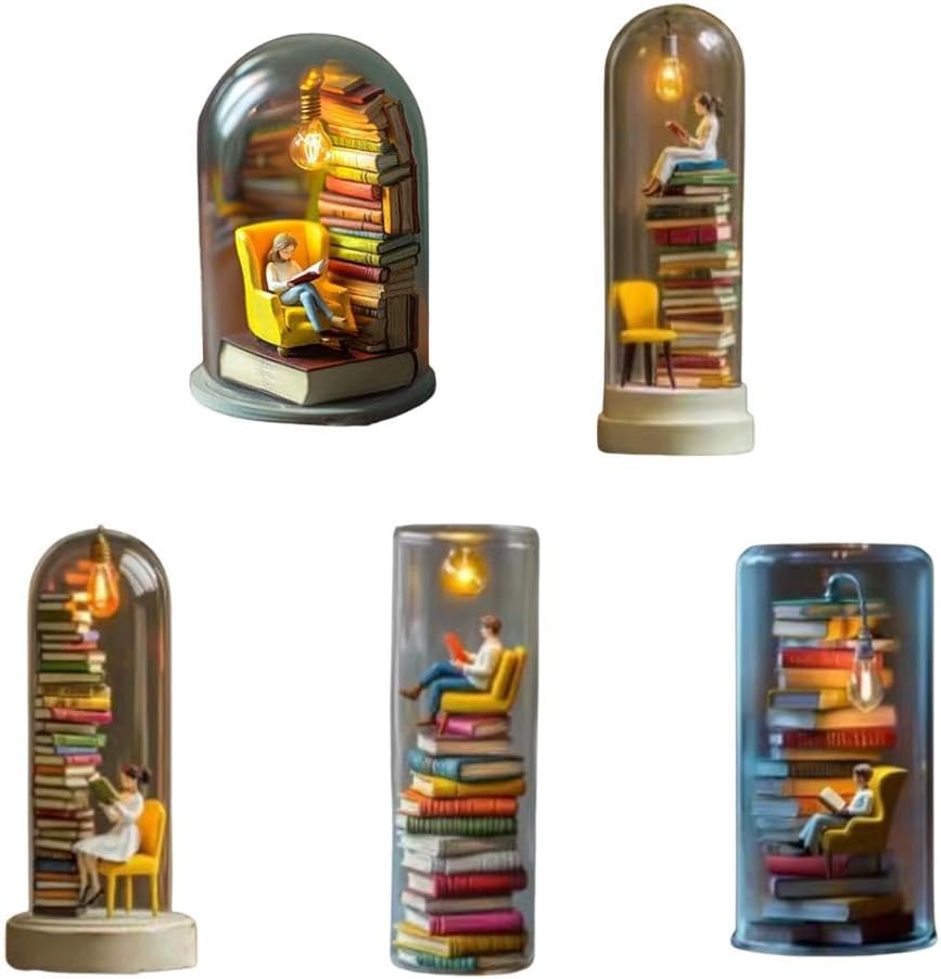 Reader Night Light,Mini Bookshelf Library Statue Light for Desktop Decoration Lamp,Reading Nook Book Light Sculptures,Cute Dome Decor Gift for Book Lovers & Bedroom Ambience
