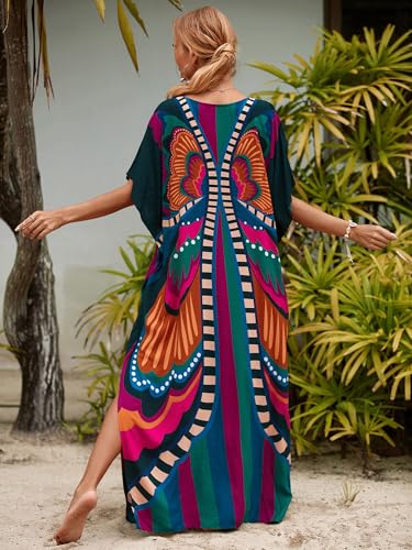 Chunoy Women Casual V Neck Kaftan Dress Kimono Sleeve Bathing Suit Beach Cover Up Caftan Side Split Dresses4