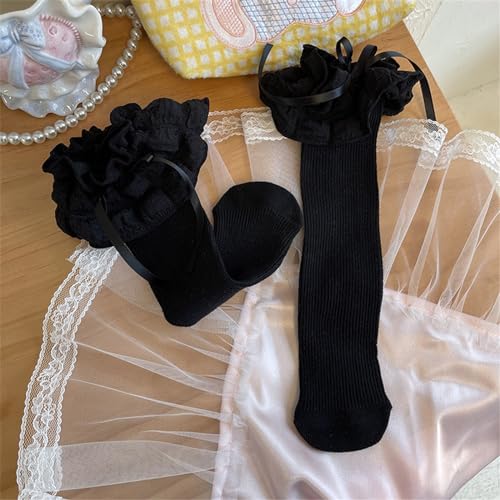 Lace Up Ribbon Bowknot Socks Cotton Midcalf Socks Girl Spring Dress Socks for Little Girls with Ruffle4